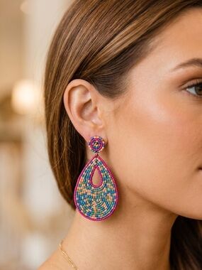 KAY LEE NEW YORK Boho Multi Colored Trendy Beaded Artsy Teardrop Earrings